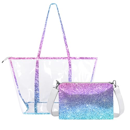 Large Clear Tote Bag for Women Stadium Approved Transparent Tote Bag Set with Shoulder Bag Heavy Duty Waterproof See Through Bag for Concert, Beach, Shopping Pink Teal Glitter Prints