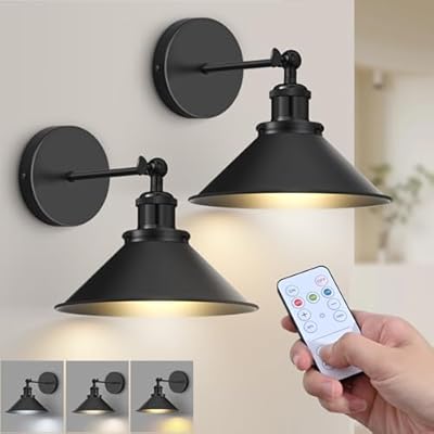 ZinLite Battery Operated Wall Sconce Set of 2,Vintage Wireless Wall Sconces with Remote,Dimmable Led Wall Lights,Wall Lamp Fixture Indoor Bedroom Living Room Kitchen,LED Bulbs Included,Black