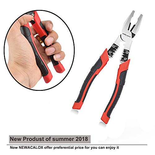 Lineman's Pliers, Combination Pliers with Wire Stripper/Crimper/Cutter Function, Heavy Duty Side Cutting High-Leverage Plier, 8 inch NEWACALOX Red