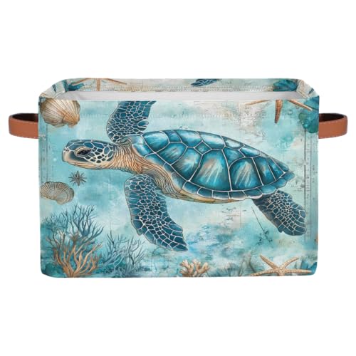 Image of Turquoise Turtle Storage Baskets for Organizing, Fabric Collapsible Storage Bins Box Ocean Seashell Decorative Toy Organizer Baskets for Closet Shelves Gift Basket 1 Pc