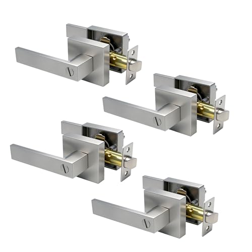 rewarmee Brushed Sliver Door Handles Privacy Door Levers, Keyless Interior Door Knobs Square Door Levers Heavy Duty Door Locks for Bedroom Bathroom, Reversible Flat Levers (4, Silver)