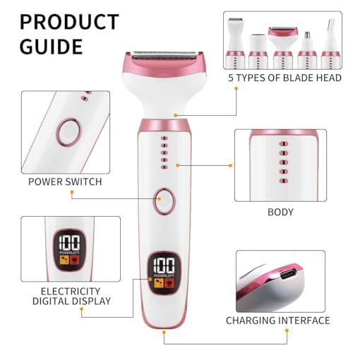 Image of Electric Razors for Women, Bikini Trimmer for Women 5 in 1 Body Shaver for Nose Hair Face Eyebrow Arms Legs Armpit Underarm Pubic Area, Replaceable Lady Facial Razor Painless USB Charge Female Gift