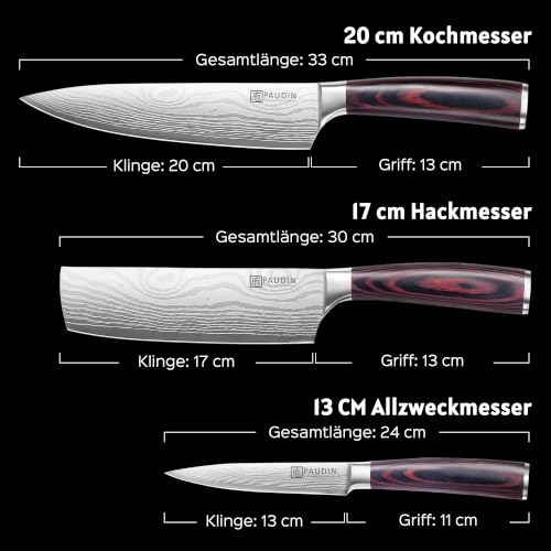 PAUDIN 3-tlg Küchenmesserset, 5Cr15MoV Stahl Pakkaholzgriff Superscharf – Ansicht 4