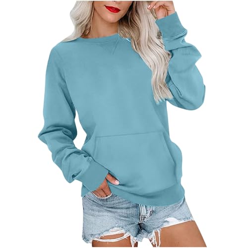 VBTAPA Women'S Sweatshirt Crewneck Sweatshirts Women Decorative V-Stitch Detail Hoodless Hoodies Casual Fall Pullover Tops with Kangaroo Pocket Sky Blue S - image 2