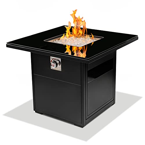 Outland Living Yaletown 420 Model Square Fire Pit Table for Outside Patio â€“ 30" Small Outdoor Propane Gas Fire Table, Black â€“ with Glass Rocks Set, Pre-attached 1m Hose and Regulator