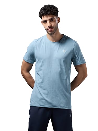 Image of TECHNOSPORT Men's Slim Fit Solid Crew Neck T-Shirt, Cotflex Quick Dry Wrinkle Resistant Polyester Sports Tee for Gym, Running, Training, Sports
