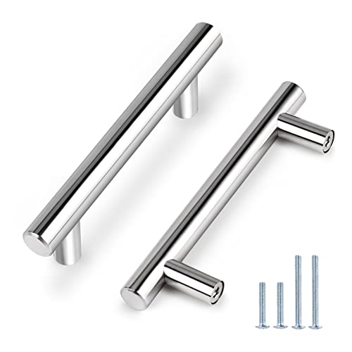 Image of Probrico 10 Pack|3-1 /2 Inch Polished Chrome Cabinet Pulls Stainless Steel Kitchen Cabinet Handles, Round T Bar Cupboard Cabinet Hardware, Drawer Dresser Closet Pulls Handles, Total Lenght 6 Inch