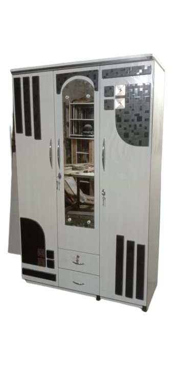 Particle Board Wooden Design Wardrobe Three Door with Glass White and Black (78 * 32 * 16)