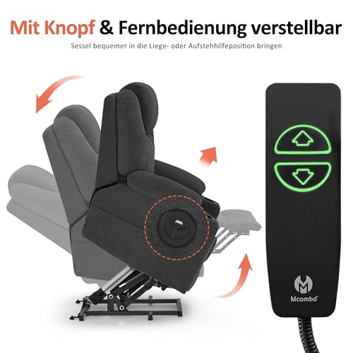M MCombo Fernsehsessel mit Aufstehhilfe Elektrisch, Relaxsessel mit Liegefunktion bis 140°, Sessel mit Aufstehhilfe, mit Massage & Heizung, Knopf & Fernbedienung Verstellbar, 7040 (Chenille, Grau) – Bild 5
