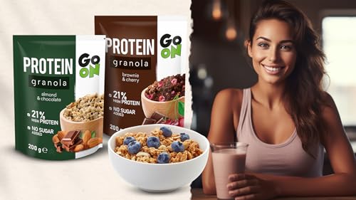 GO ON - Protein Granola 300g, Müsli ohne Zucker, Knuspermüsli, Müsli mit Pflanzlichem Eiweiß, Gesundes Frühstück, Getreideflocken - Schokolade und Nüssen