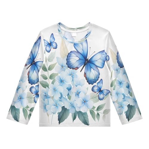 Boys Rash Guard Swim Shirt Long Sleeve UPF+ 50 Sun Shirts Quick Dry Shirt Blue Butterfly and Floral for Toddler Kids