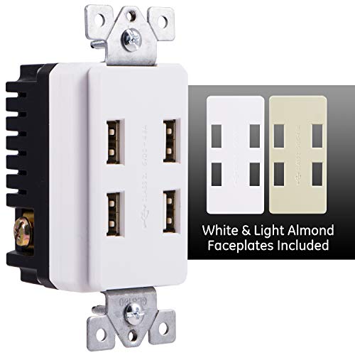 Ge, White/Light Almond, Ultrapro 24W 4 Usb Receptacle, For Iphone 11 Max/Xs/Xr/X/8, Ipad Pro, Samsung Galaxy, Google Pixel, Changeable Faceplates, 40542, 1 Pack #TOP23