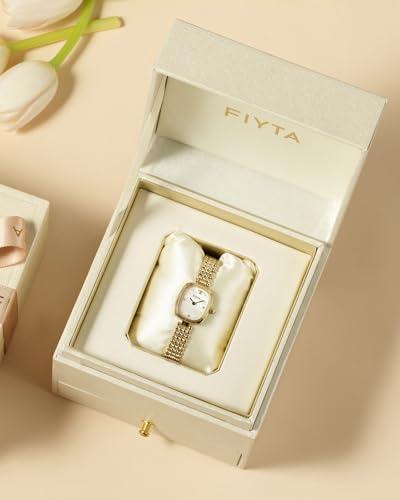 Image of FIYTA Women's Watch - Elegant Gold Small Square Luxury Watch with Sapphire Crystal; 316L Stainless Steel Jewelry Bracelet, Timeless Gift for Her, Mother's Day, Gift Box Included