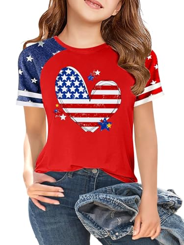 Image of CAZYCHILD Girls 4th of July USA Shirt American Flag Patriotic T-Shirt Independence Day Outfit for Kids 5-14Years