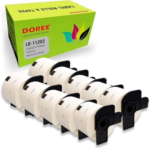 DOREE (Paquete de 10) Etiquetas de dirección blancas DK-11202 DK11202,62 mm × 100 mm, para Brother P-Touch QL-500, QL-550, QL-570, QL-700, QL-800 (300 etiquetas por rollo)