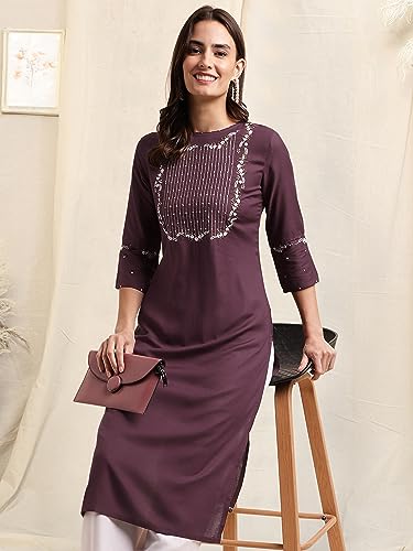 Image of MIRCHI FASHION Women's Straight Fit Rayon Sequins Embroidered and Polka Dots Printed Kurti Only