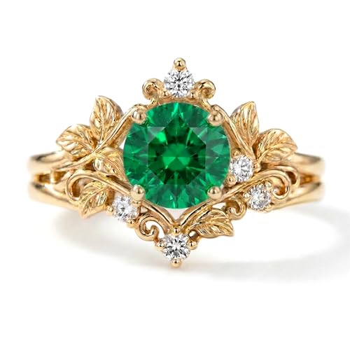 Jizuoku Vintage Round Cut Emerald Ring Gemstone Engagement Rings for