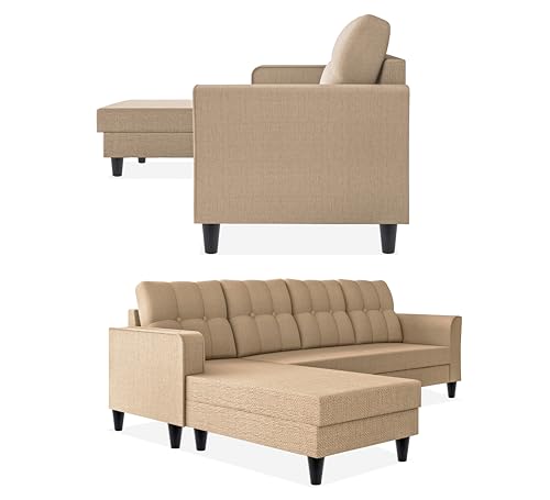 Image of Adorn India Maddox Tufted L Shape 5 Seater Sofa Chenille Sofa Set LHS (Beige) (3 Year Warranty)