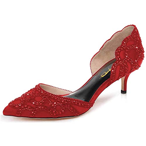 Image of XYD Women's Pumps, Elegant Pointed Toe, D'Orsay Kitten Low Heels, Rhinestone Studs, Slip-On Satin Shoes for Wedding