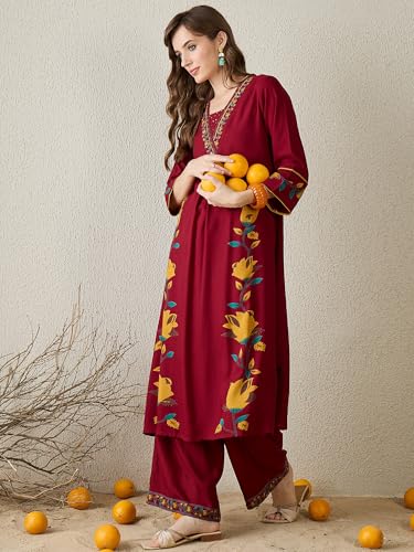 Image of INDO ERA Women's Viscose Rayon Floral Printed A-Line Kurta & Palazzo Set