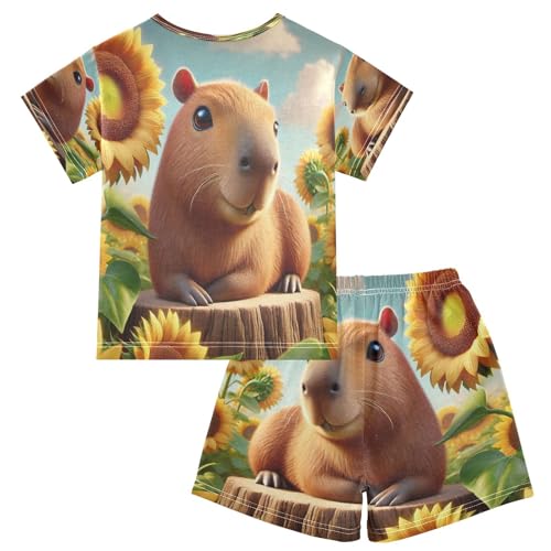 Capybara Sunflower Pajama Set Short Sleeve Pajamas Shorts Sets Cotton PJS 2 Piece Clothes Set 5Y2
