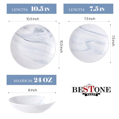 Image of Bestone 12-Piece Round Kitchen Dinnerware Set, Plates, Bowls, Service for 4, Blue and White Marble