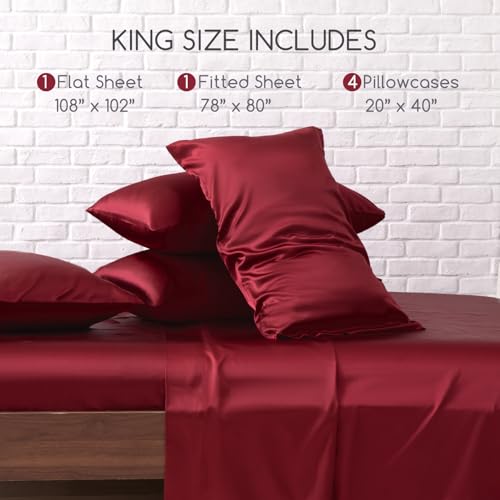 Image of MR&HM Satin Bed Sheets, King Size Sheets Set, 6 Pcs Silky Bedding Set with 15 Inches Deep Pocket for Mattress (King, Burgundy)