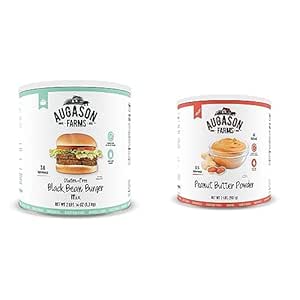 Augason Farms Gluten-Free Black Bean Burger 2 lbs 14 oz No. 10 Can 1 Pack & Peanut Butter Powder 2 lbs No. 10 Can