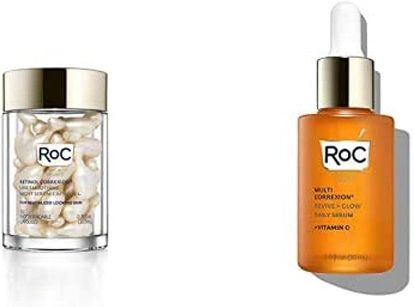 AM to PM Glow + Smooth Serum Bundle: RoC Vitamin C Serum for Day + Retinol Serum Night Capsules for fine lines, wrinkles, and uneven tone