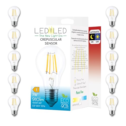 LEDbyLED Lampadina Smart Goccia A60 7W, E27, Vetro Trasparente, Sensore Crepuscolare, 4000K Luce Naturale, filamento LED dritto, 806 Lumen, Pack 10 Pezzi