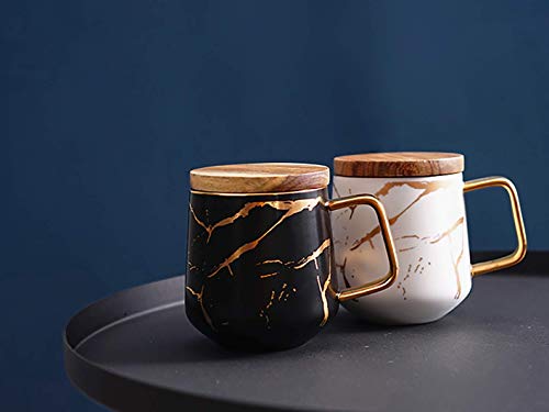 YBK Tech Taza de té de porcelana para té de la tarde – diseño de mármol (blanco, alto 400 ml + tapa de bambú) - Imagen 7