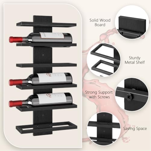 Image of Hoctieon 3-Set 6 Tier Wall Mount Wine Rack, Wall Mounted Wine Bottle Racks for Display and Storage, Hanging Bottle Holder, for Living Room, Dining Room, Bar, Wine Cellar, Black