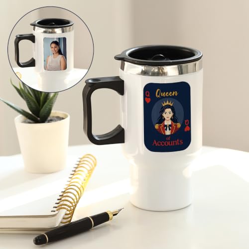 Image of IGP Personalized CA Queen Travel Mug | Same Day Delivery | Custom Photo | 400ml Coffee Mug | Lid & Handle | Appreciation Present for Chartered Accountants