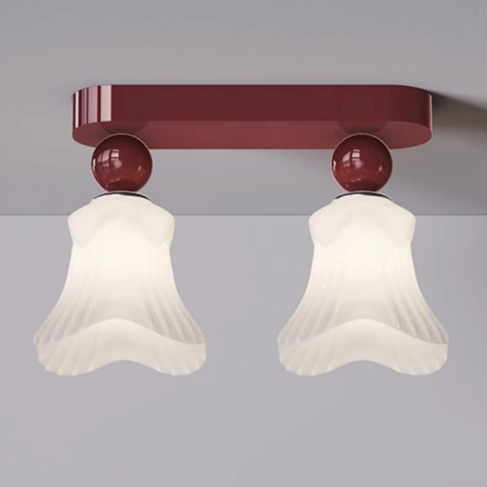 LYMSXAZOU Semi Flush Mount Ceiling Light Modern White Glass Nordic 2 Flower Shape Lamp Hallway Entryway Lighting(Wine Red)