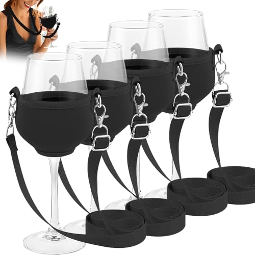 Foreverup 4 PCS Soportes de Copas de Vino para Colgar, Soporte Portátil para Copas de Vino, Con Cordón Soporte Cuello Copa vino, Colgante Exposición Boda Cumpleaños Partido(Negro)