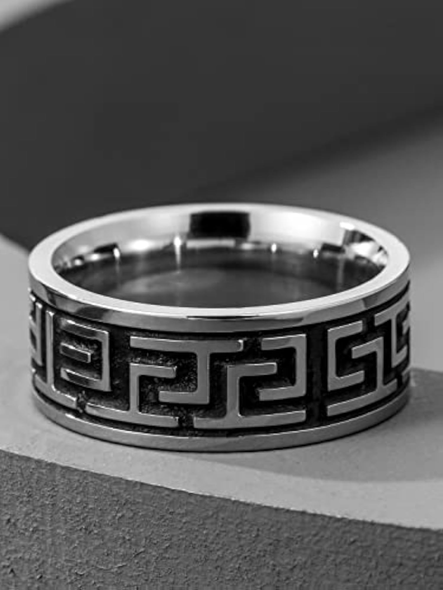 Silver Stainless Steel Engraved Band Ring for Men & Boys
