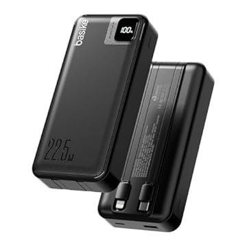 Basike Power Bank, Carregador Portátil Universal 20000mAh, USB-A(até 22.5W)+USB-C(até PD20W), com 2 Cabos Integrados (USB-C, Lightning) Carregamento Rápido, Led Indicador de Bateria (Preto)