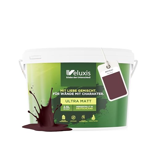 Veluxis Wandfarbe Rot Braun Bordeaux Matt Innenfarbe – Deckkraft Klasse 1, VOC-frei, Ohne Grundierung, Tropfarm – Wohnzimmer & Schlafzimmer – 2,5L (Red Wine)