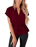 Womens Button Down Blouses Casual Peplum Summer Tops Dressy Chiffon Work Blouse Red