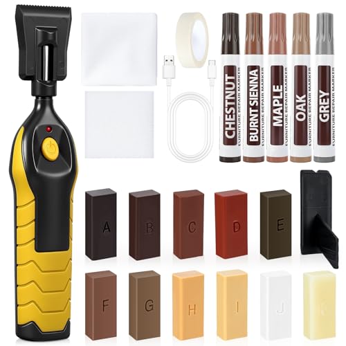 Fizzyo Kit Reparación Suelo Laminado, Juego de Reparación de Vinilo para Parquet con Herramienta de Fusión, 11 Colores Cera Dura 5 Marcadores Masilla de Madera Reparación Grietas, Arañazos, Agujeros