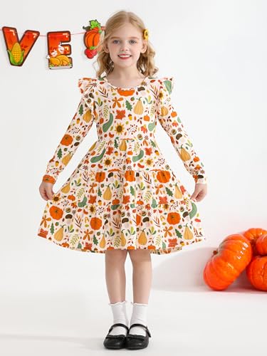 Poroka Girls Ruffle Sleeve Dress Tiered Swing A-Line Twirly Skater Midi Casual Dress for Kids with Pockets Summer Fall Winter4