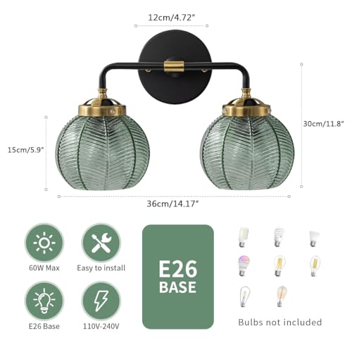 Image of Mid Century Wall Sconce Set of 2 Vintage Black Bathroom Vanity Light Globe Wall Sconces Green Glass Wall Light Art Deco Vintage Bathroom Lights Over Mirror for Bedroom Hallway Living Room