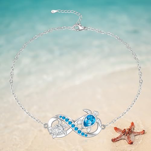 Image of Fenthring Turtle Anklet S925 Sterling Silver Blue Opal Sea Turtle Ankle Bracelets for Women Infinity Wave Ocean Beach Summer Foot Bracelet Jewelry Layered Adjustable