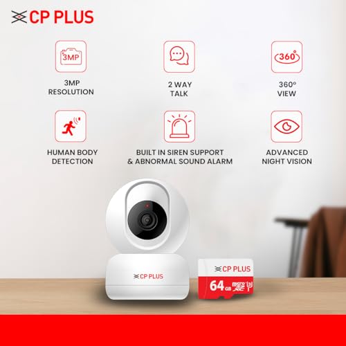 CP PLUS 3MP Full HD Smart Wi-Fi CCTV Home Security Camera | 360° with Pan Tilt | 2 Way Talk | Motion Alert | Night Vision | 64GB Card SD Card in Box (Up to 128 GB) | Alexa & Google Support | CP-E36AM CP PLUS 3MP Full HD Smart Wi-Fi CCTV Home Security Camera | 360° with Pan Tilt | 2 Way Talk | Motion Alert | Night Vision | 64GB Card SD Card in Box (Up to 128 GB) | Alexa & Google Support | CP-E36AM