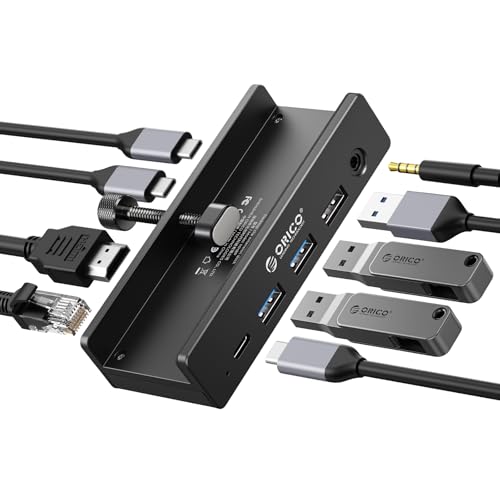 ORICO Clip Docking Station, 8-in-1 Clamp USB C Hub with 4K@60Hz HDMI, 100W PD, Gigabit Ethernet, 4xUSB Port, AUX, 10Gbps Clamp Docking Station for Laptop, MacBook, PC (Adapter Not Included)