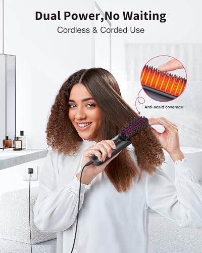 Image of Bopcal Cordless Hair Straightener Brush for Travel, Upgraded Mini Portable Hair Straightening Brush for Women & Men, 300M Anti-Frizz Negative lons Straightening Comb, lonic Care & Fast Heating