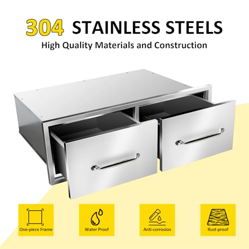 Image of Outdoor Kitchen Drawers 30 inch W x 10 inch H x 20 inch D Flush Mount Horizontal Double Drawers with Chrome Handle,Stainless Steel Built-in BBQ Drawer for Outdoor Kitchen Island, Patio Grill Station