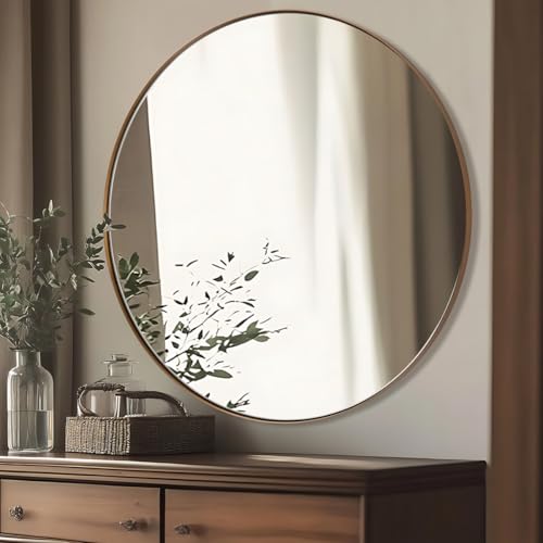 Image of ANDY STAR Round Wall Mirror, 30 Inches Brushed Bronze Bathroom Mirror, Modern Vanity Mirror in Stainless Steel Frame