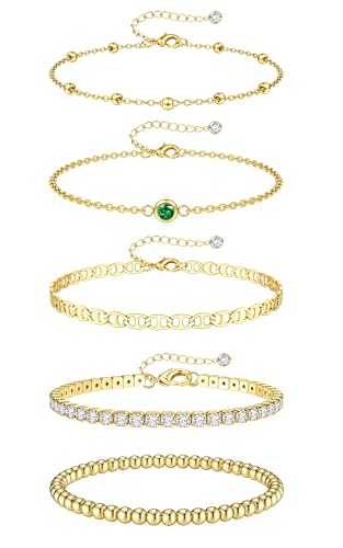 JeweBella 3 7 Piezas Pulsera Mujer Oro de 18K Pulsera Acero Inoxidable Mujer Ajustables Pulseras Cadena de Serpiente Fígaro Cuentas Apilables Pulseras Oro para Mujer