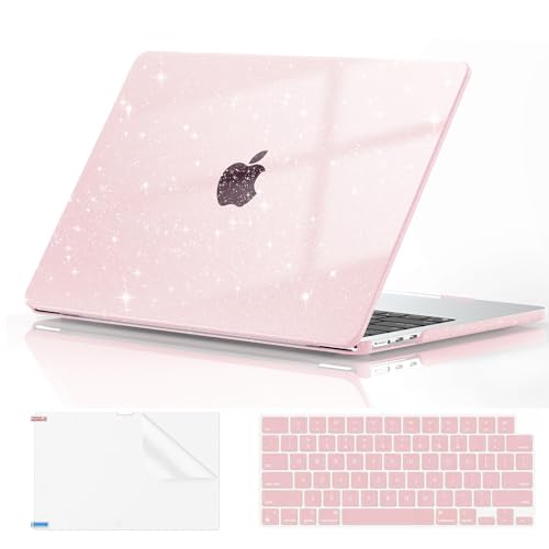 EooCoo Case Compatible with MacBook Air 13 inch M4 M3 M2 2025-2022 A3240 A3113 A2681, Plastic Hard Case & TPU Keyboard Skin & Screen Protector for Laptop Air 13.6 inch - Sparkly Pink